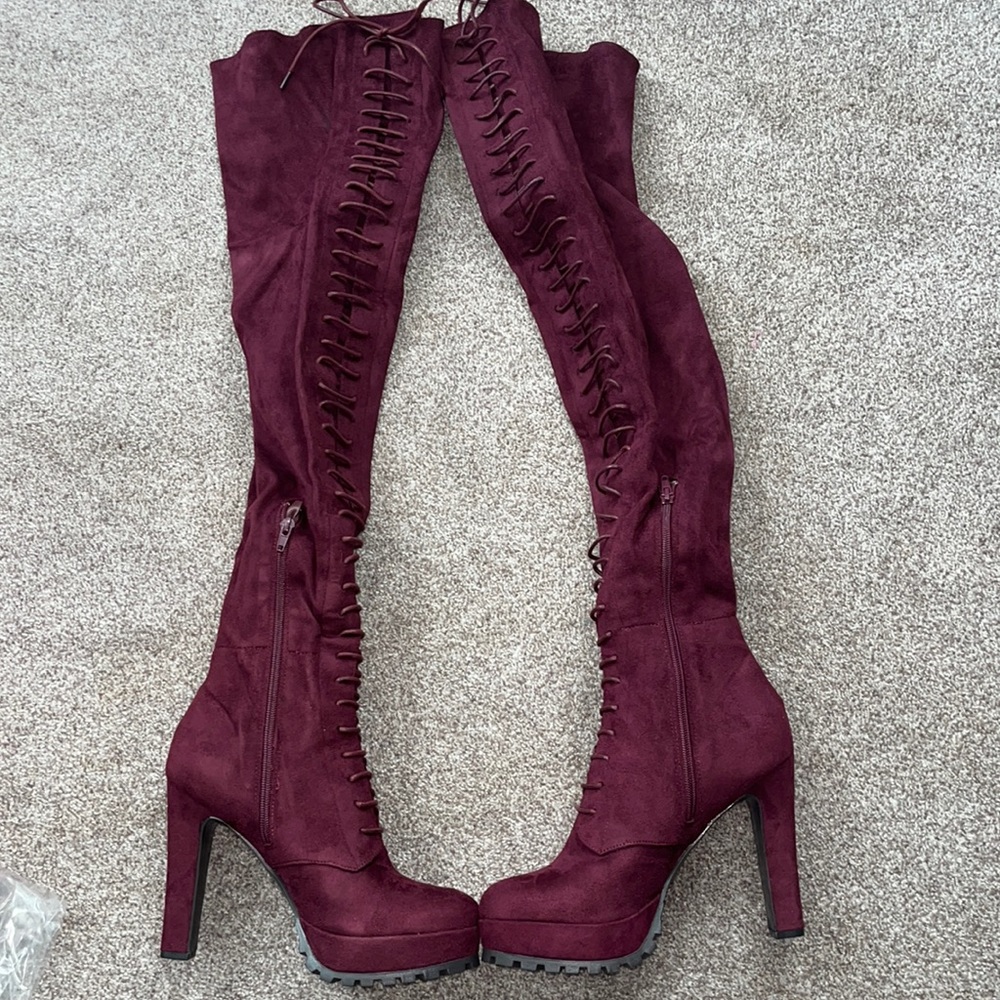 Thigh High Heel Boots Color Bordeaux Size 8.5 Brand New Suede Material
